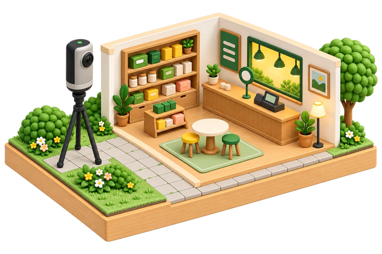 三脚に載った 3D カメラと、棚・カウンター・テーブルのある小さなお店を切り取ったドールハウスの模型